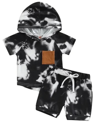 Baby Riddle Boy's Hooded Top & Drawstring Shorts Set - Black Tie-Dye