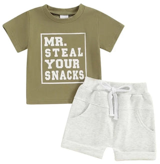 Baby Riddle Boy's T-Shirt & Drawstring Shorts Set - Olive Mr. Steal Your Snacks