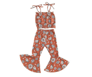 Baby Riddle Girl's Spaghetti Strap Top and Bell Bottom Pants Set - Rust Floral