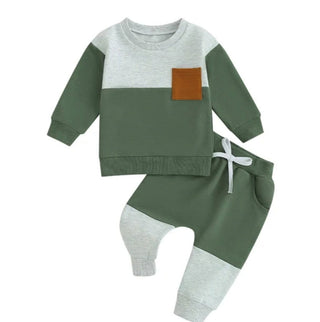 Baby Riddle Long Sleeve Crewneck Top and Jogger Set - Green & Grey Colorblock