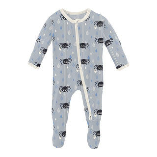 KicKee Pants Boy's Print Footie with 2-Way Zipper - Pearl Blue Itsy Bitsy Spider