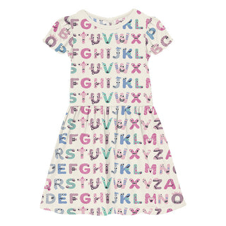 Girl's Flutter Sleeve Twirl Dress with Pockets - Natural ABC Monsters