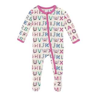 KicKee Pants Girl's Print Footie with 2-Way Zipper - Natural ABC Monsters