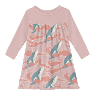 Bamboo Classic Long Sleeve Swing Dress - Baby Rose Splashing Whales KicKee Pants Size: 2T