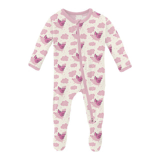 Kickee Pants Girl's Footie with 2-Way Zipper - Natural Flying Pigs