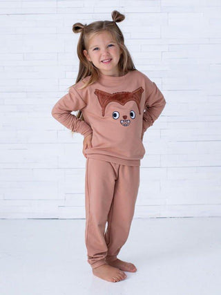 Girl's Bamboo Long Sleeve Crewneck Sweatshirt and Pants Outfit Set - Werewolf Furry Birdie Bean Size: 6-12 Months