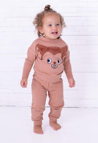 Girl's Bamboo Long Sleeve Crewneck Sweatshirt and Pants Outfit Set - Werewolf Furry Birdie Bean Size: 6-12 Months