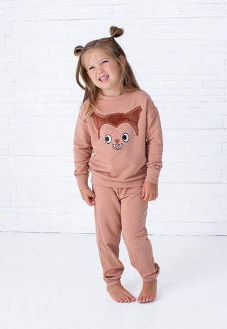 Girl's Bamboo Long Sleeve Crewneck Sweatshirt and Pants Outfit Set - Werewolf Furry Birdie Bean Size: 6-12 Months