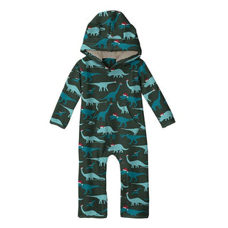 Boy's Print Bamboo Fleece Coverall with Ears and Kangaroo Pocket - Santa Dinos KicKee Pants Size: 0-3 Months