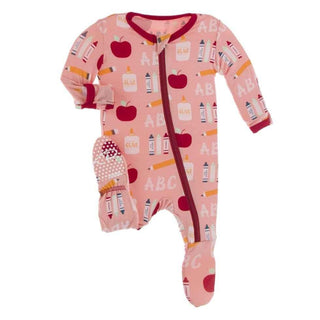 Celebration Print Bamboo Footie with Zipper - Blush I Love School KicKee Pants Size: Newborn