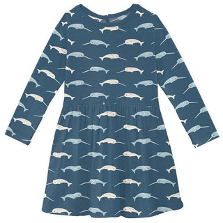 Girl's Print Bamboo Long Sleeve Twirl Dress - Deep Sea Narwhal KicKee Pants Size: 2T