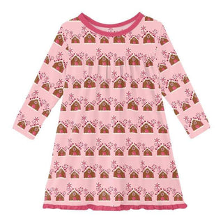 Girl's Print Bamboo Classic Long Sleeve Swing Dress - Lotus Gingerbread (WCA22) KicKee Pants Size: 6-12 Months