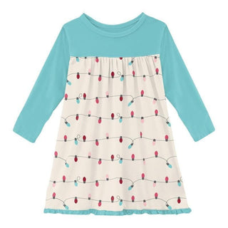 Girl's Print Bamboo Classic Long Sleeve Swing Dress - Natural Holiday Lights (WCA22) KicKee Pants Size: 6-12 Months