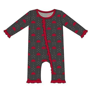 Girl's Print Bamboo Classic Ruffle Coverall with Snaps - Umbrellas and Rain Clouds KicKee Pants Size: 0-3 Months