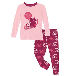 Girl's Print Bamboo Long Sleeve Graphic Tee Pajama Set - Berry Telephone (15ANV) KicKee Pants Size: 2T