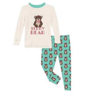 Girl's Print Bamboo Long Sleeve Graphic Tee Pajama Set - Glass Teddy Bear KicKee Pants Size: 18-24 Months