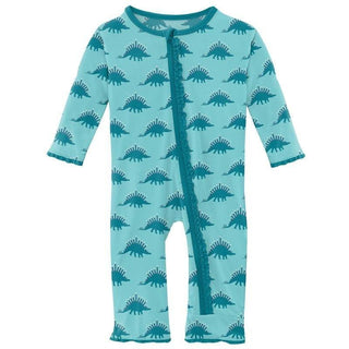 Girl's Print Bamboo Muffin Ruffle Coverall with Zipper - Iceberg Menorahsaurus (WCA22) KicKee Pants Size: 12-18 Months
