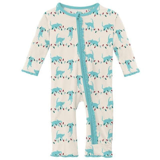 Girl's Print Bamboo Muffin Ruffle Coverall with Zipper - Natural Tangled Kittens (WCA22) KicKee Pants Size: 6-9 Months