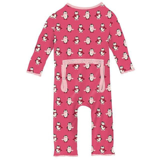 Girl's Print Bamboo Muffin Ruffle Coverall with Zipper - Winter Rose Penguins (WCA22) KicKee Pants Size: 9-12 Months