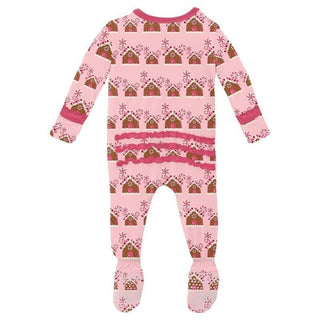 Girl's Print Bamboo Muffin Ruffle Footie with Zipper - Lotus Gingerbread (WCA22) KicKee Pants Size: Newborn