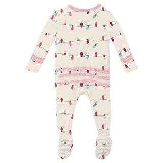 Girl's Print Bamboo Muffin Ruffle Footie with Zipper - Natural Holiday Lights (WCA22) KicKee Pants Size: Newborn