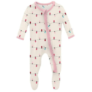 Girl's Print Bamboo Muffin Ruffle Footie with Zipper - Natural Holiday Lights (WCA22) KicKee Pants Size: Newborn