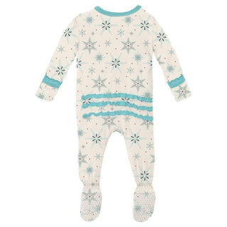 Girl's Print Bamboo Muffin Ruffle Footie with Zipper - Natural Snowflakes (WCA22) KicKee Pants Size: Newborn