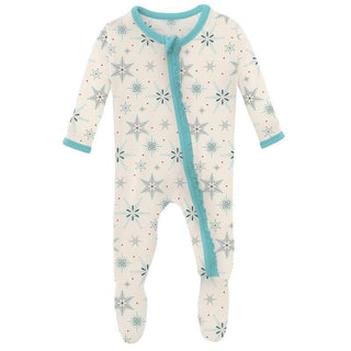 Girl's Print Bamboo Muffin Ruffle Footie with Zipper - Natural Snowflakes (WCA22) KicKee Pants Size: Newborn