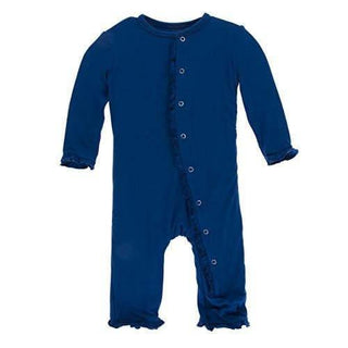 Girl's Solid Bamboo Classic Ruffle Coverall with Snaps - Navy KicKee Pants Size: 0-3 Months