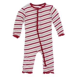 Holiday Print Bamboo Muffin Ruffle Coverall with Snaps - Rose Gold Candy Cane Stripe KicKee Pants Size: 3-6 Months