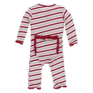 Holiday Print Bamboo Muffin Ruffle Coverall with Snaps - Rose Gold Candy Cane Stripe KicKee Pants Size: 3-6 Months