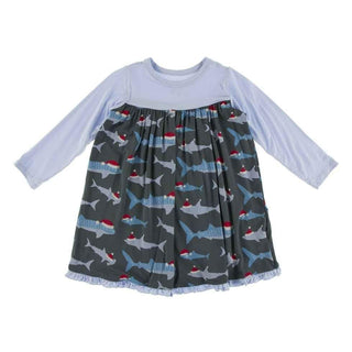 Print Bamboo Classic Long Sleeve Swing Dress - Pewter Santa Sharks KicKee Pants Size: 6-12 Months