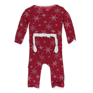 Print Bamboo Classic Ruffle Coverall with Zipper - Crimson Snowflakes KicKee Pants Size: 3-6 Months