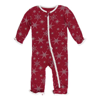 Print Bamboo Classic Ruffle Coverall with Zipper - Crimson Snowflakes KicKee Pants Size: 3-6 Months