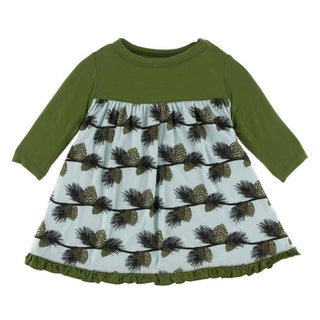 Print Bamboo Classic Long Sleeve Swing Dress - Spring Sky Pine Cones KicKee Pants Size: 6-12 Months