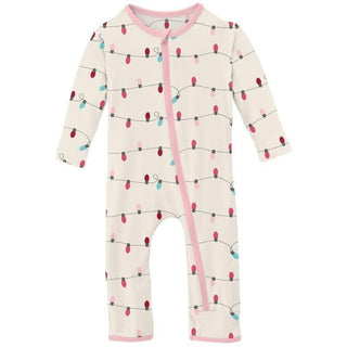 Print Bamboo Coverall with Zipper - Natural Holiday Lights (WCA22) KicKee Pants Size: 0-3 Months