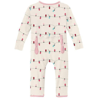 Print Bamboo Coverall with Zipper - Natural Holiday Lights (WCA22) KicKee Pants Size: 0-3 Months