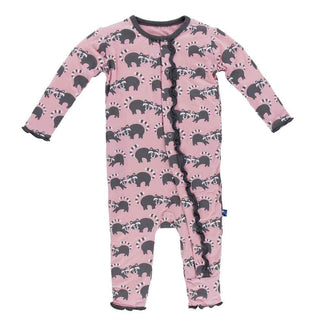 Print Bamboo Muffin Ruffle Coverall - Lotus Raccoon KicKee Pants Size: 3-6 Months