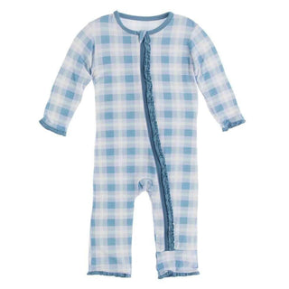 Print Bamboo Muffin Ruffle Coverall with Zipper - Blue Moon 2020 Holiday Plaid KicKee Pants Size: 3-6 Months