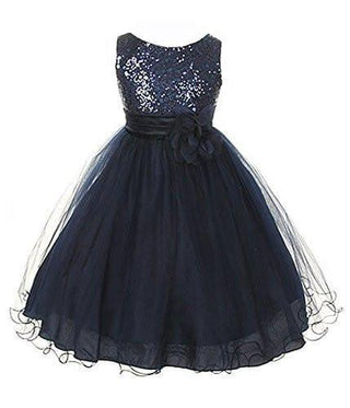 Girl's Sequin Double Mesh Flower Dress - Navy Kid's Dream Size: 6-12 Months