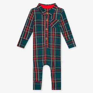Boy's Bamboo Long Sleeve Collared Henley Long Romper - Tartan Plaid Posh Peanut Size: 6-9 Months