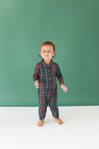 Boy's Bamboo Long Sleeve Collared Henley Long Romper - Tartan Plaid Posh Peanut Size: 6-9 Months