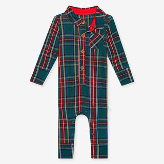 Boy's Bamboo Long Sleeve Collared Henley Long Romper - Tartan Plaid Posh Peanut Size: 6-9 Months