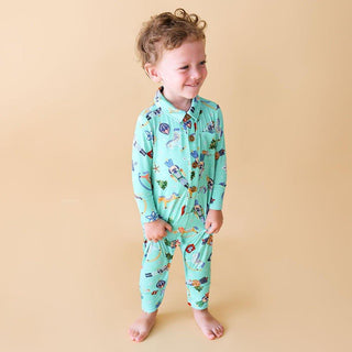 Boy's Bamboo Long Sleeve Collared Henley Romper - Fritz (Nutcrackers) Posh Peanut Size: 6-9 Months
