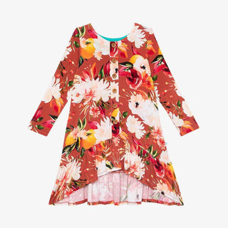 Girl's Bamboo Long Sleeve Henley Hi Low Dress, Leonora (Floral) Posh Peanut Size: 2T