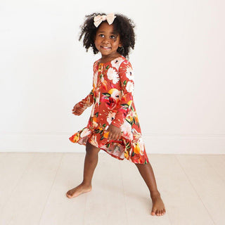 Girl's Bamboo Long Sleeve Henley Hi Low Dress, Leonora (Floral) Posh Peanut Size: 2T