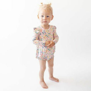 Girl's Bamboo Long Sleeve Ruffled Bubble Romper - Estelle (Polka Dots) Posh Peanut Size: 3-6 Months