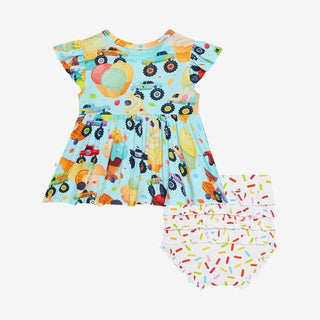 Girl's Bamboo Ruffled Cap Sleeve Basic Peplum Top & Bloomer Outfit Set - Monster Trucks Posh Peanut Size: 3-6 Months