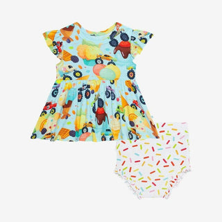 Girl's Bamboo Ruffled Cap Sleeve Basic Peplum Top & Bloomer Outfit Set - Monster Trucks Posh Peanut Size: 3-6 Months