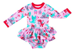 Birdie Bean Girl's Long Sleeve Twirl Bodysuit Dress - Cera (Pink Dinos)